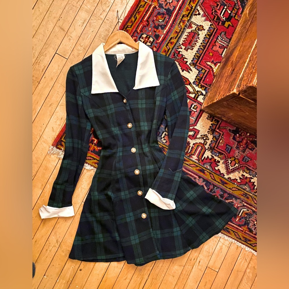 SOLD | Vintage Dark Academia, Pleated Plaid Dress with Collar